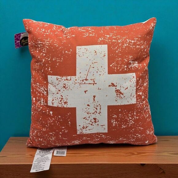NEW Distressed Print 18x18" Throw Pillow Swiss Cross Flag Ski Patrol Life Guard - Picture 1 of 12